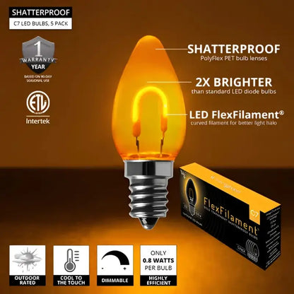 C7 Gold Transparent Shatterproof LED Filament Vintage Christmas Light Bulb Pack of 5 - Christmas Lights