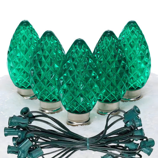 C7 Green ProCore LED Christmas Light Bulb String Light Set Faceted 25 Lights 25’ - Christmas Lights