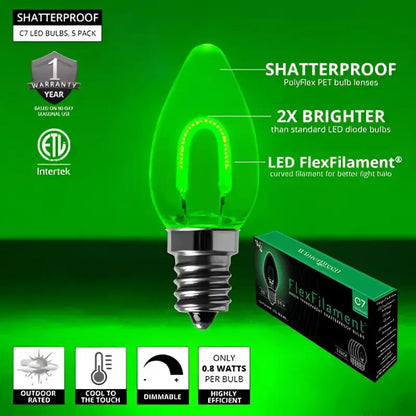 C7 Green Transparent Shatterproof LED Filament Vintage Christmas Light Bulb Pack of 5 - Christmas Lights