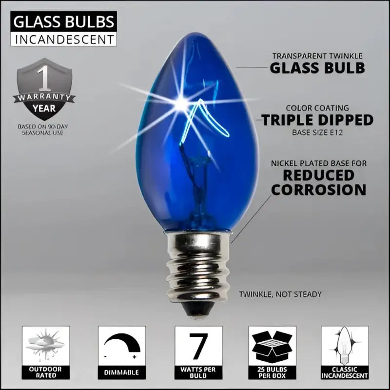 C7 Incandescent Christmas Light Bulbs Blue TWINKLE Transparent Pack of 25 - Christmas Lights