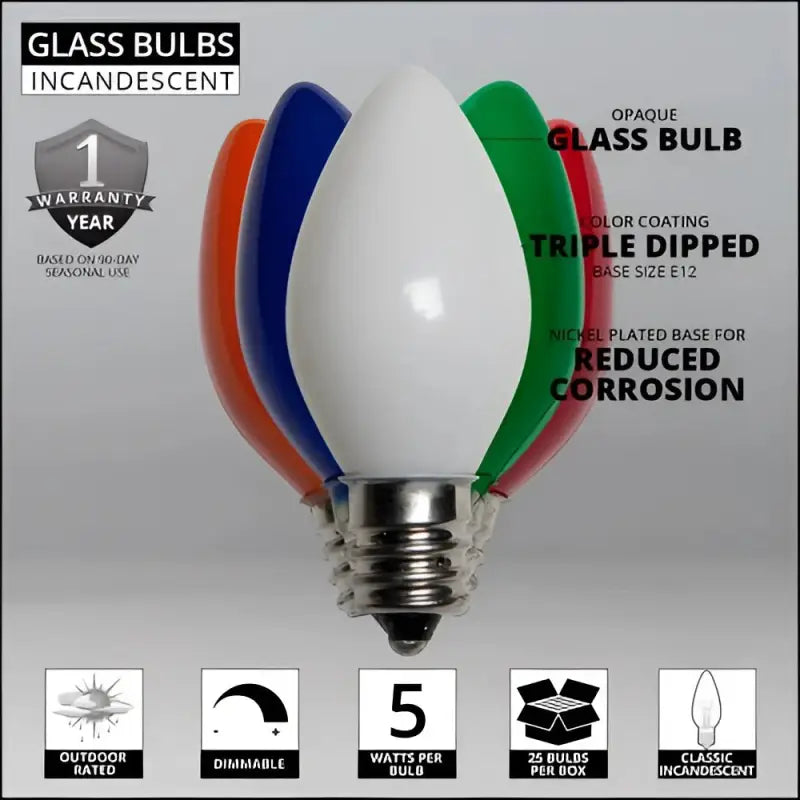 C7 Incandescent Christmas Light Bulbs Multicolor Opaque Pack of 25 - Christmas Lights