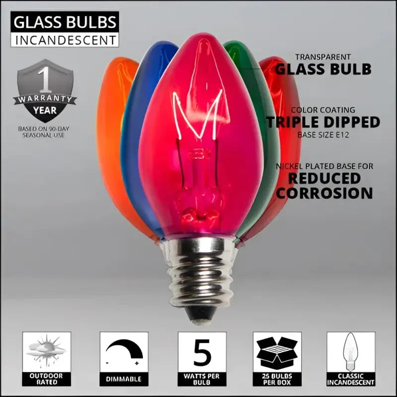 C7 Incandescent Christmas Light Bulbs Multicolor Transparent Pack of 25 - Christmas Lights