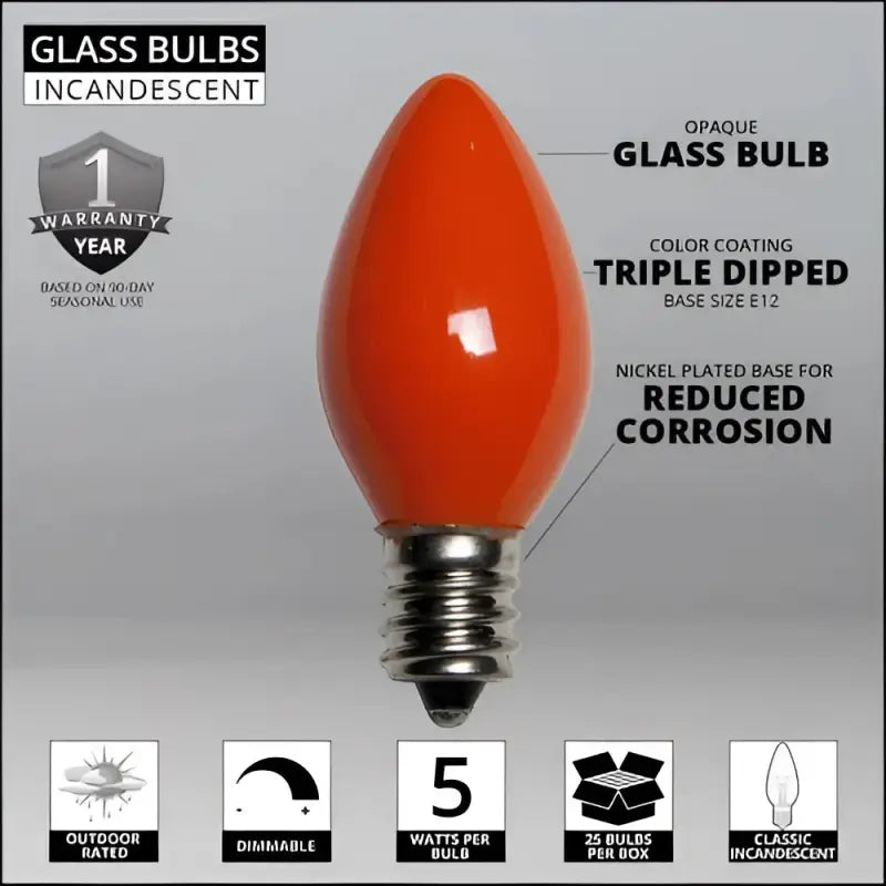 C7 Incandescent Christmas Light Bulbs Orange Opaque Pack of 25 - Christmas Lights