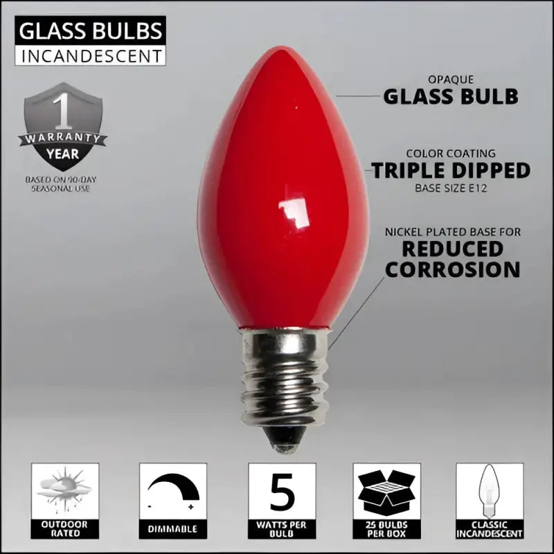 C7 Incandescent Christmas Light Bulbs Red Opaque Pack of 25 - Christmas Lights