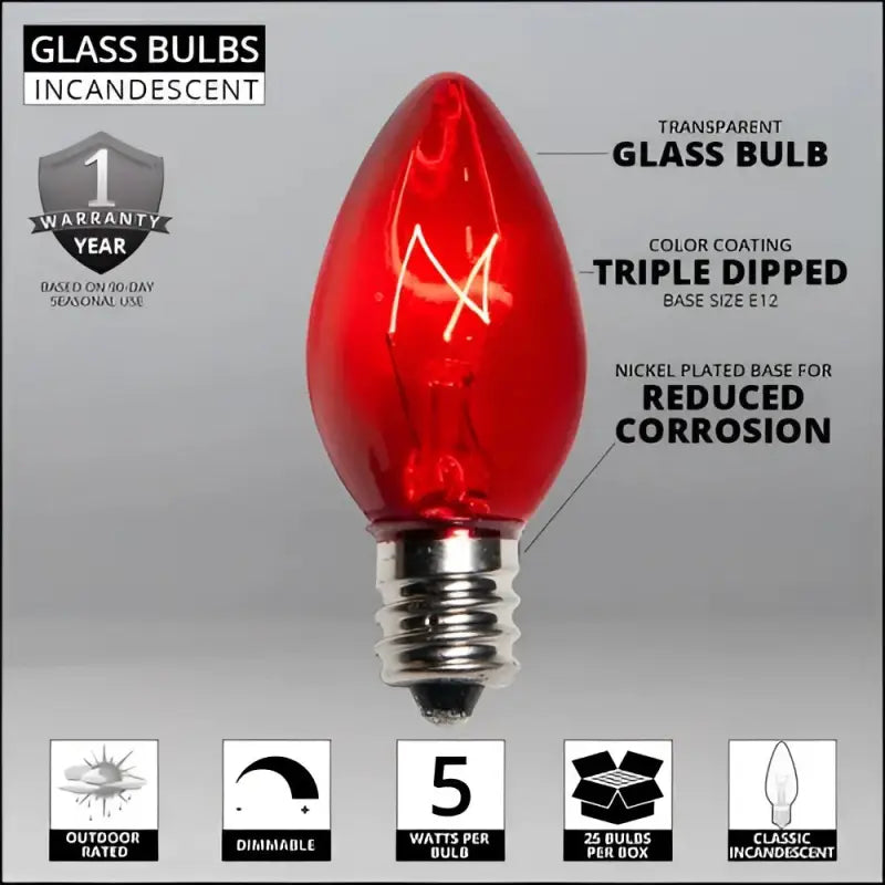 C7 Incandescent Christmas Light Bulbs Red Transparent Pack of 25 - Christmas Lights