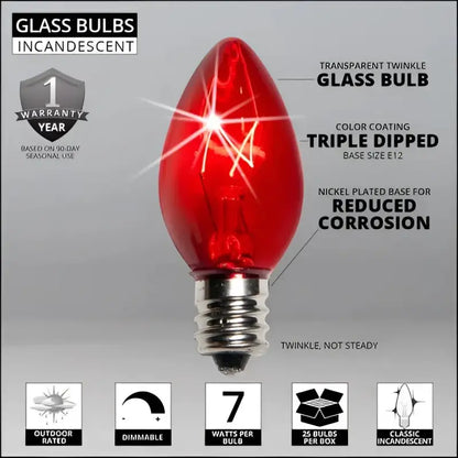 C7 Incandescent Christmas Light Bulbs Red TWINKLE Transparent Pack of 25 - Christmas Lights