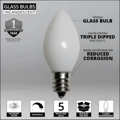 C7 Incandescent Christmas Light Bulbs White Opaque Pack of 25 - Christmas Lights