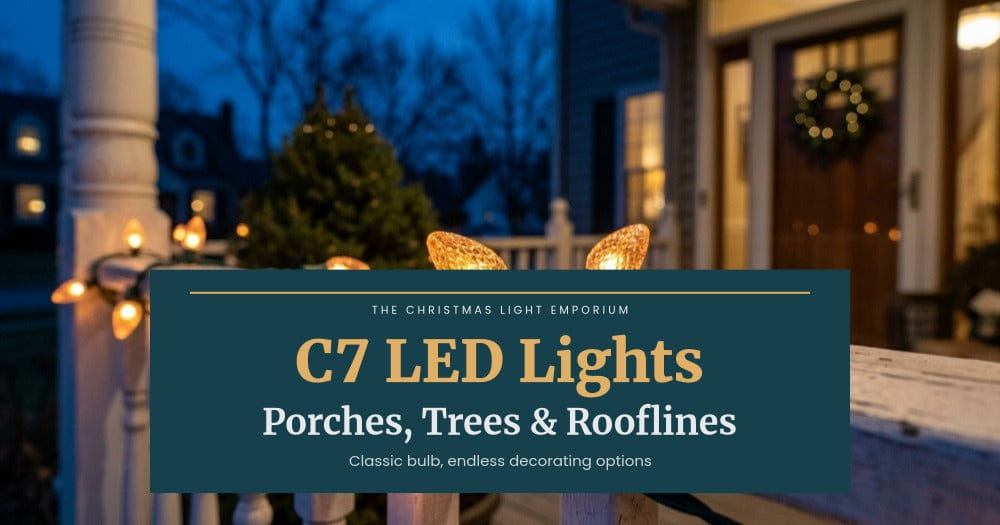 Title image of C7 LED Christmas lights glowing on a craftsman home porch at twilight with warm white and multicolor bulbs on columns and roofline. Image text reads: C7 LED Lights / Decorating Ideas That Work / Porches, Trees, Rooflines - Built to Last