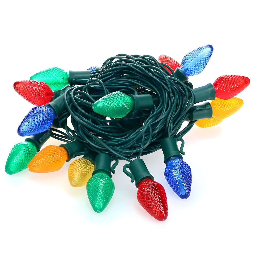 C7 Multicolor LED Christmas Light Bulb String Light Set Faceted 8’’ Spacing 25 Non Removable Bulbs - Christmas Lights
