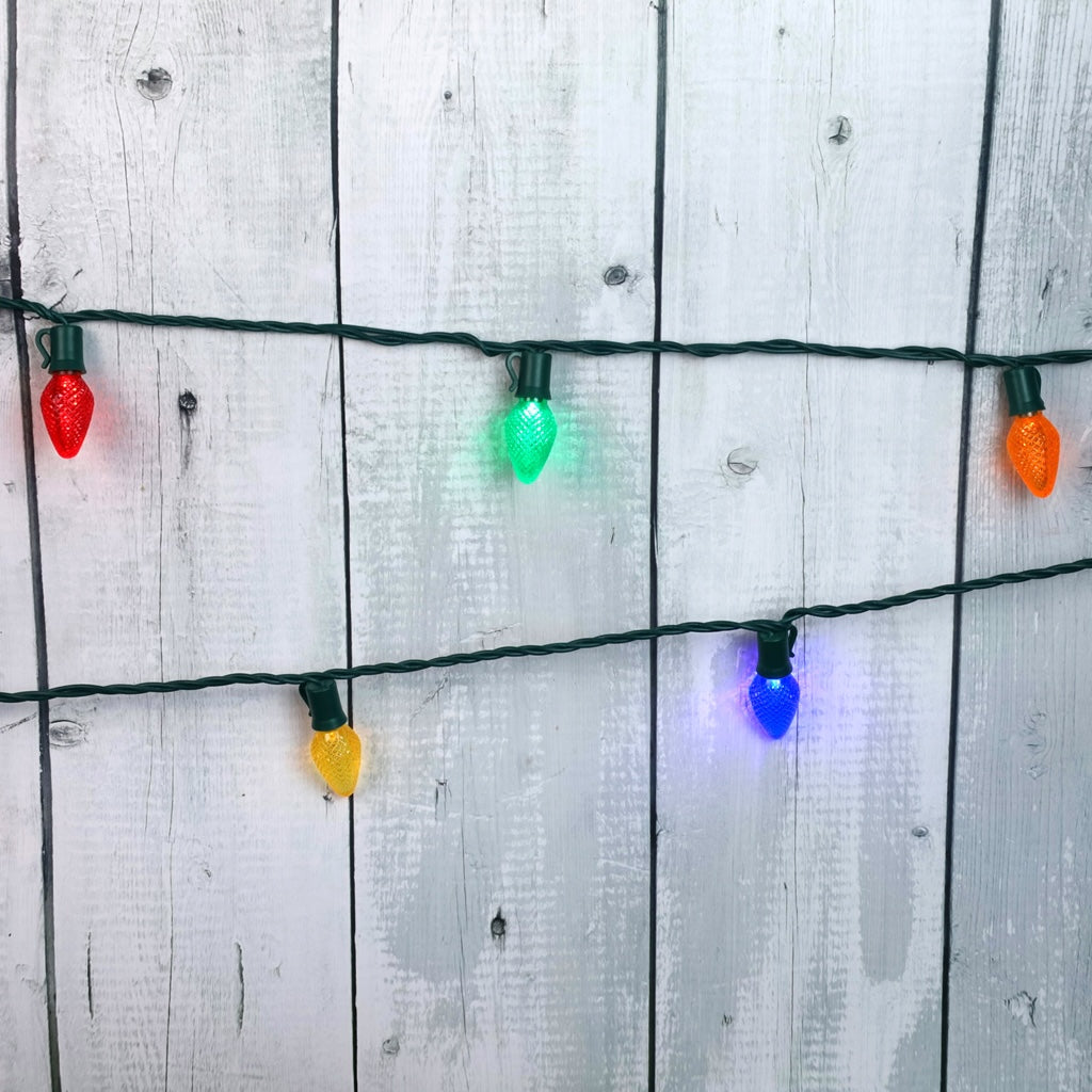 C7 Multicolor LED Christmas Light Bulb String Light Set Faceted 8’’ Spacing 25 Non Removable Bulbs - Christmas Lights