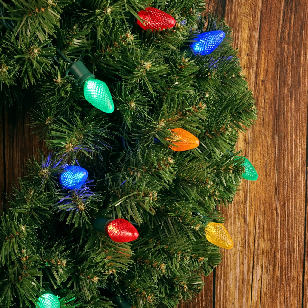 C7 Multicolor LED Christmas Light Bulb String Light Set Faceted 8’’ Spacing 25 Non Removable Bulbs - Christmas Lights