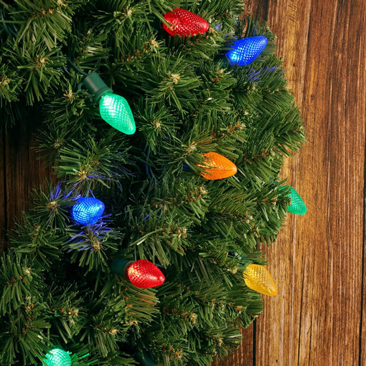 C7 Multicolor LED Christmas Light Bulb String Light Set Faceted 8’’ Spacing 25 Non Removable Bulbs - Christmas Lights