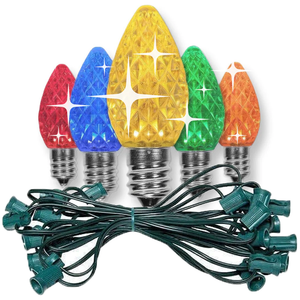 C7 Multicolor TWINKLE LED Christmas Light Bulb String Light Set, Faceted, 12" Spacing, String of 25 Christmas Lights Guanyi
