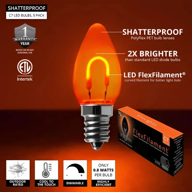 C7 Orange Transparent Shatterproof LED Filament Vintage Christmas Light Bulb Pack of 5 - Christmas Lights