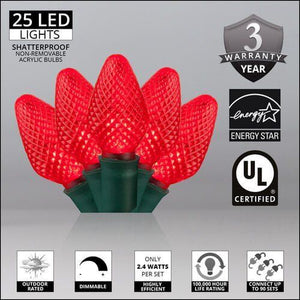 C7 Red LED Christmas Light Bulb String Light Set, Faceted, 8" Spacing, 25 Non Removable Bulbs Christmas Lights Wintergreen Corporation