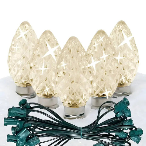 C7 Warm White Twinkle Faceted ProCore® LED Christmas Light Bulb String Light Set 25 Lights 25’ - Christmas Lights