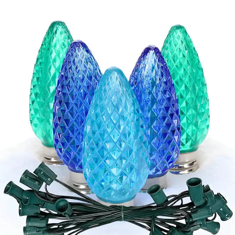 C9 ColorCraft Bahamas - Blue Green Teal Faceted ProCore® LED Christmas Light Bulb String Light Set 25 Lights 25’