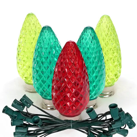 C9 ColorCraft Holly - Red Green Lime Green Faceted ProCore® LED Christmas Light Bulb String Light Set 25 Lights 25’