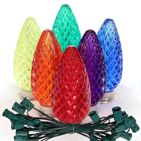 C9 ColorCraft Rainbow - Red Green Blue Gold Orange Purple Faceted ProCore® LED Christmas Light Bulb String Light Set