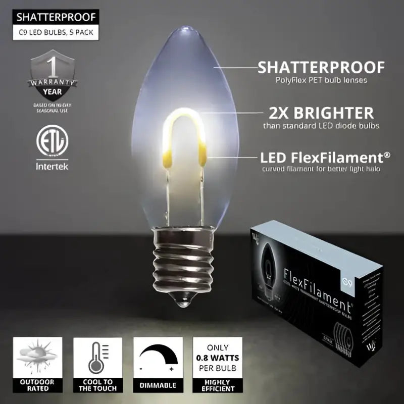 C9 Cool White Transparent Shatterproof LED Filament Vintage Christmas Light Bulb Pack of 5 - Christmas Lights