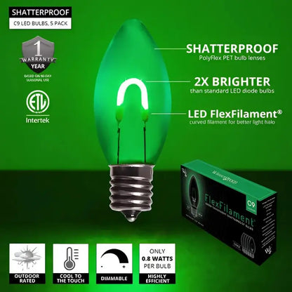 C9 Green Transparent Shatterproof LED Filament Vintage Christmas Light Bulb Pack of 5 - Christmas Lights