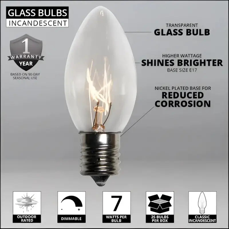 C9 Incandescent Christmas Light Bulbs Clear Transparent Pack of 25 - Christmas Lights