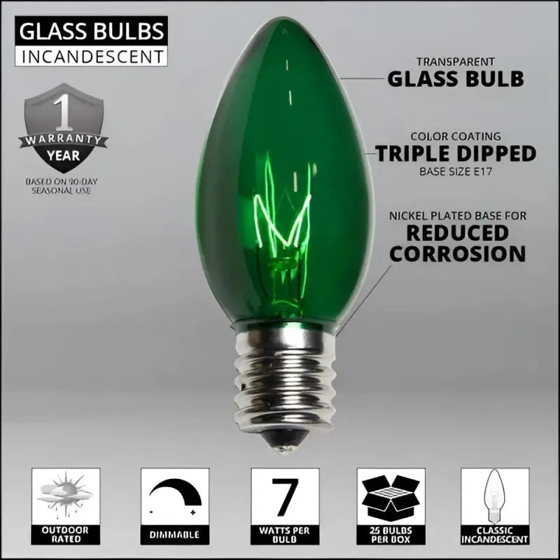 C9 Incandescent Christmas Light Bulbs Green Transparent Pack of 25 - Christmas Lights
