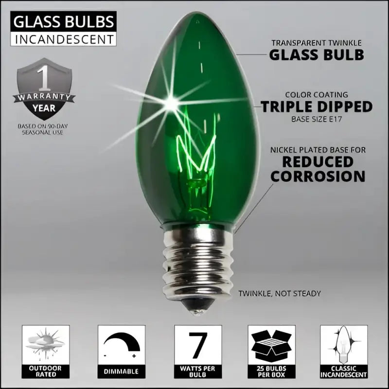 C9 Incandescent Christmas Light Bulbs Green TWINKLE Transparent Pack of 25 - Christmas Lights