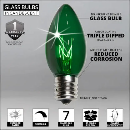 C9 Incandescent Christmas Light Bulbs Green TWINKLE Transparent Pack of 25 - Christmas Lights