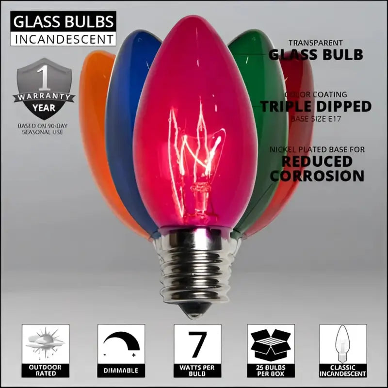 C9 Incandescent Christmas Light Bulbs Multicolor Transparent Pack of 25 - Christmas Lights