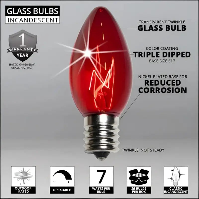 C9 Incandescent Christmas Light Bulbs Red TWINKLE Transparent Pack of 25 - Christmas Lights