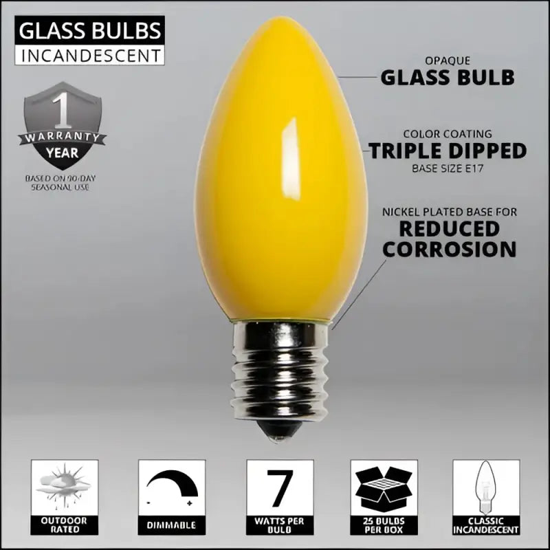 C9 Incandescent Christmas Light Bulbs Yellow Opaque Pack of 25 - Christmas Lights