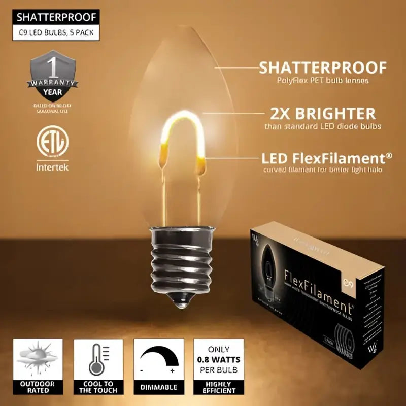 C9 Warm White Transparent Shatterproof LED Filament Vintage Christmas Light Bulb Pack of 5 - Christmas Lights
