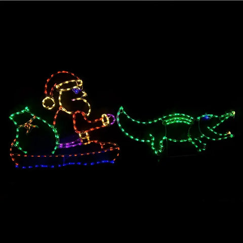 Cajun Santa in Pirogue Boat Pulled By Gator, Lighted Outdoor Christmas Display - Wireframes Displays and Yard Art