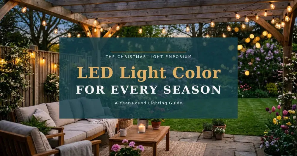Twilight backyard with warm white LED string lights on wooden pergola, comfortable seating, flowering plants, and article ...