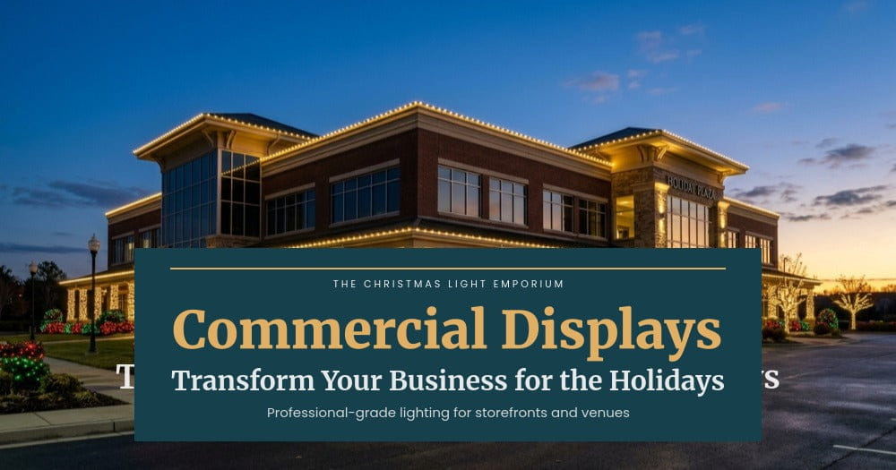 Title image of a commercial building beautifully decorated with Christmas lights at twilight. Image text reads: Commercial Décor / Transform Your Business for the Holidays / Professional lighting ideas for every commercial space