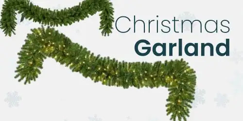 Christmas garland with green pine needles and small white lights.