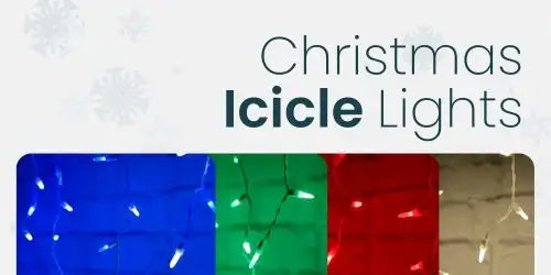 Christmas icicle lights in blue, green and red colors.