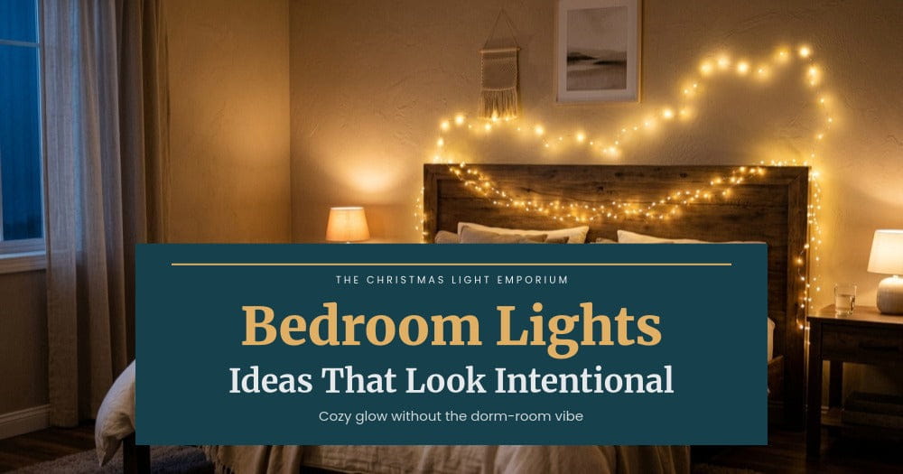 Cozy bedroom with warm white LED string lights around headboard