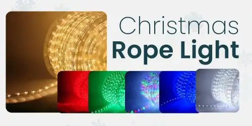 Christmas rope light with warm white led lights, multiple color options including red and blue.
