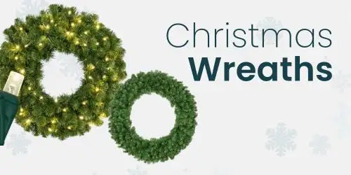 Christmas wreath with green foliage and white lights.