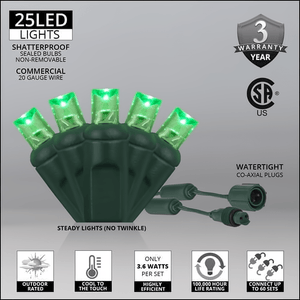 Commercial 5mm Green LED Christmas Lights, 25 Bulbs, 4" Spacing Christmas Lights Wintergreen Corporation