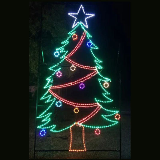 Commercial Garland Draped Christmas Tree with Ornaments and Animated Star - Wireframes Displays and Yard Art