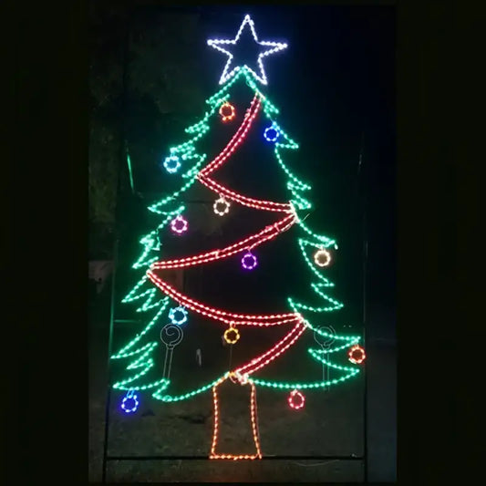 Commercial Garland Draped Christmas Tree with Ornaments and Animated Star Wireframes Displays and Yard Art