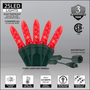Commercial M5 Red LED Christmas Lights, 25 Bulbs, 4" Spacing Christmas Lights Wintergreen Corporation