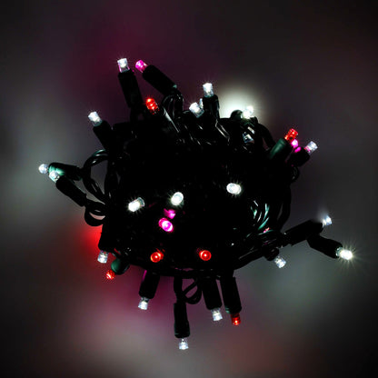 Bundled 50-light ColorCraft® Cupid 5mm LED string lit in cool white, red, and pink against a dark background