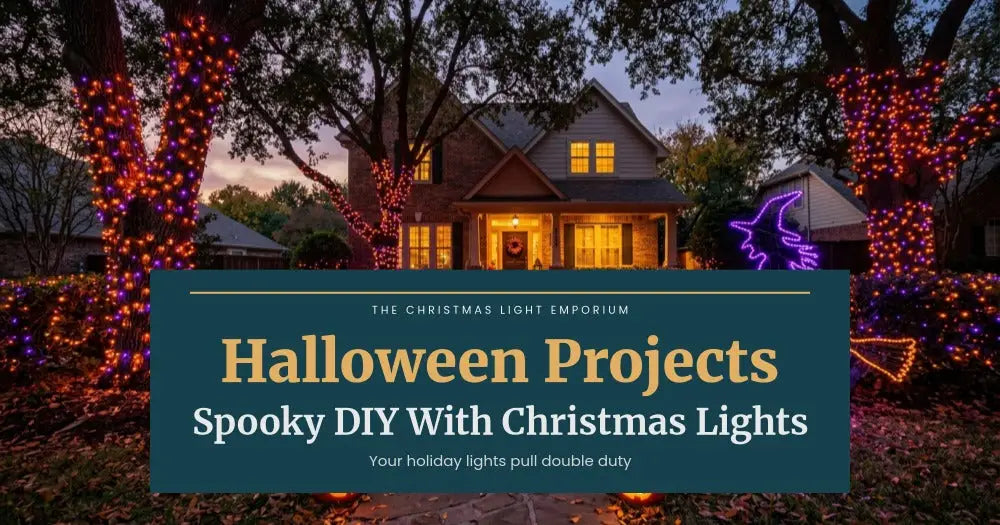 Title image of a suburban yard at twilight with Halloween-themed Christmas lights. Image text reads: Spooky Light Projects / DIY Halloween Meets Christmas Lights