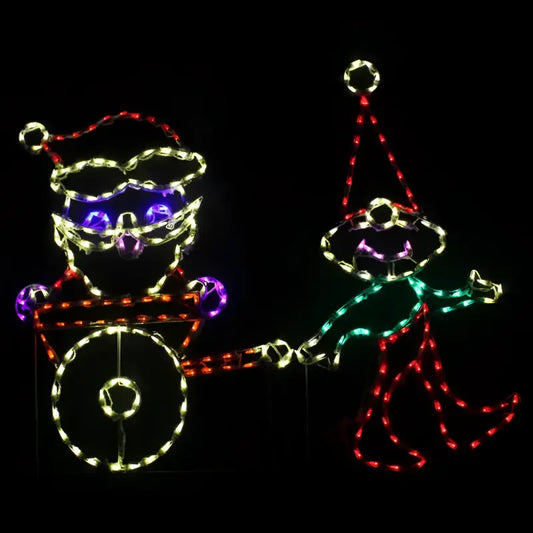 Elf Pulling Santa Claus in Cart Wireframes Displays and Yard Art