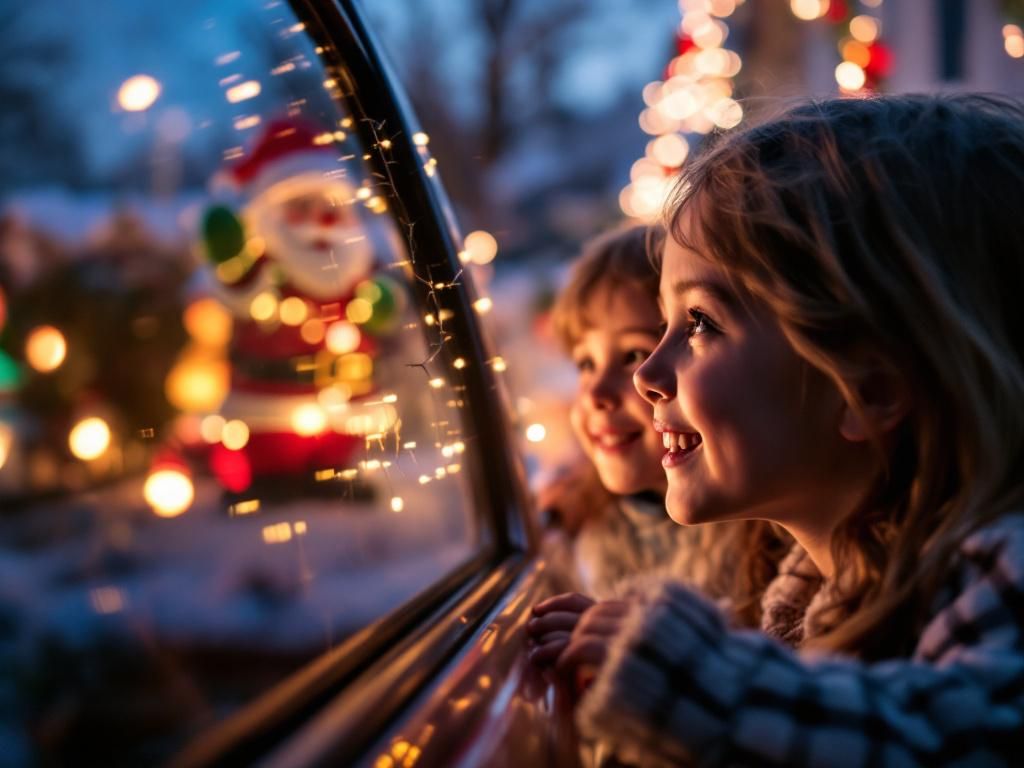 Family enjoying outdoor Christmas display from car
