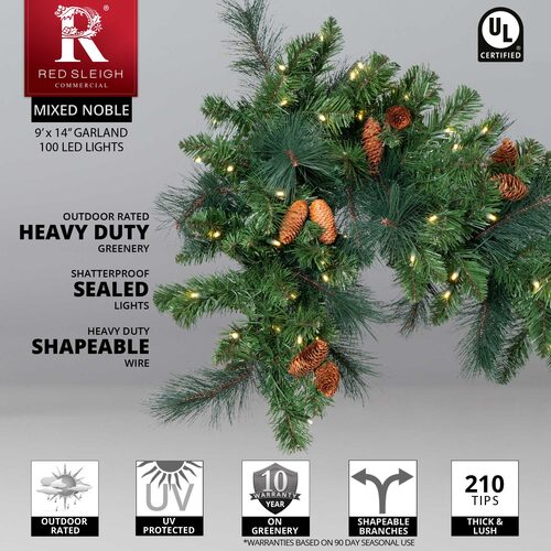 9' X 14" Mixed Noble Garland, Pre-Lit, LED, Warm White